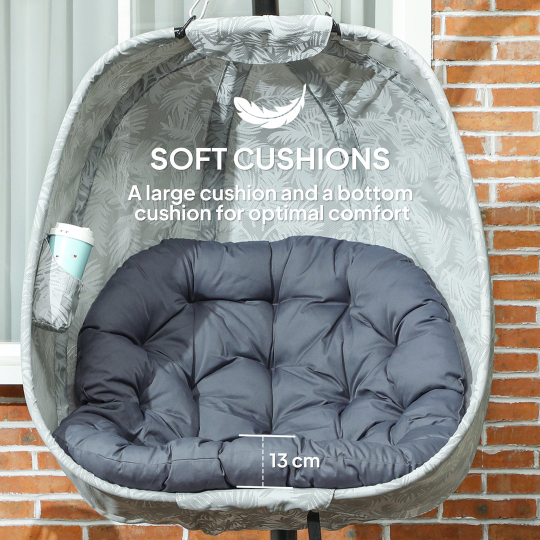 Hanging Egg Chair Outdoor Indoor Garden Swing Chair with Folding Basket, Garden Hanging Chair with Stand, Thickened Cushion, Cup Holder for Patio, Balcony, Grey