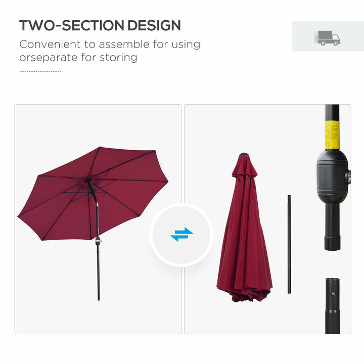 2.7M Garden Parasol Umbrella with Glass Fibre Ribs and Aluminium Frame, Tilting Sun Shade Shelter Canopy, Wine Red
