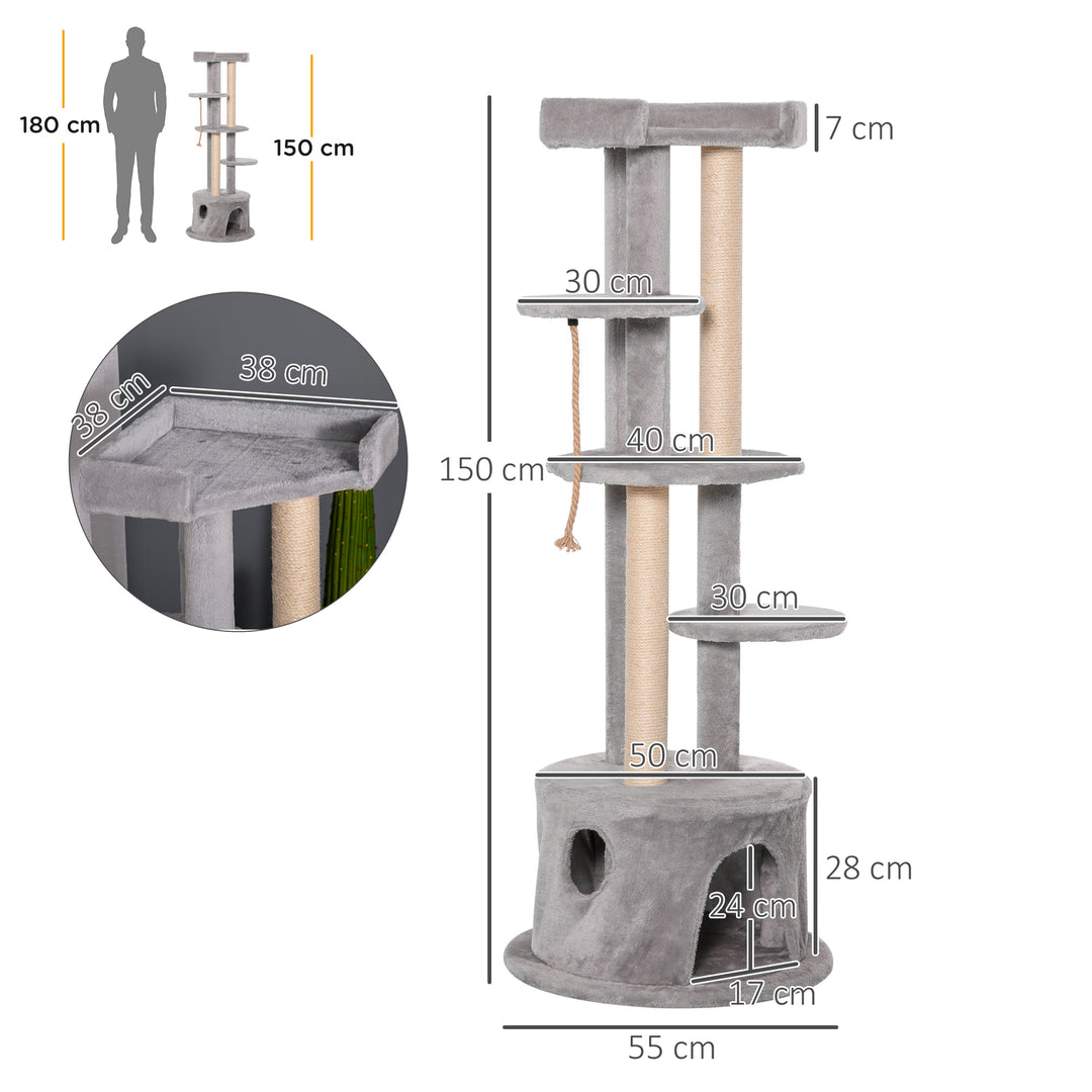 PawHut Cat Tree Multi-Level, Kitten Tower Activity Centre with Scratching Post, Condo, Hanging Ropes & Plush Perches, Grey