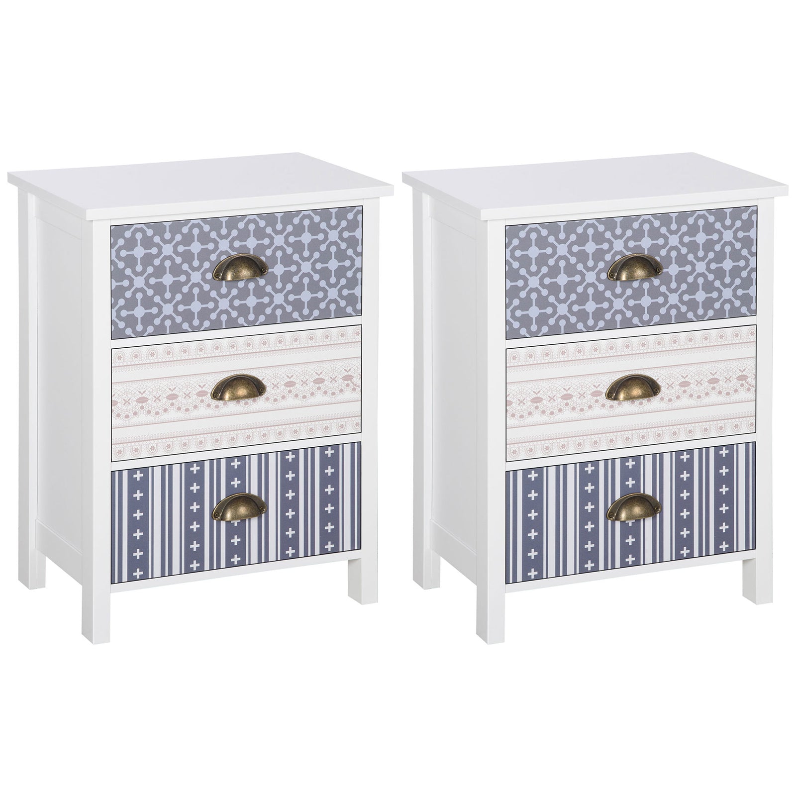 Bedside Table Set of 2 Chest of 3 Drawers Shabby Chic Nightstands with Metal Handle Sofa Side Table for Living Room, Bedroom,Purple