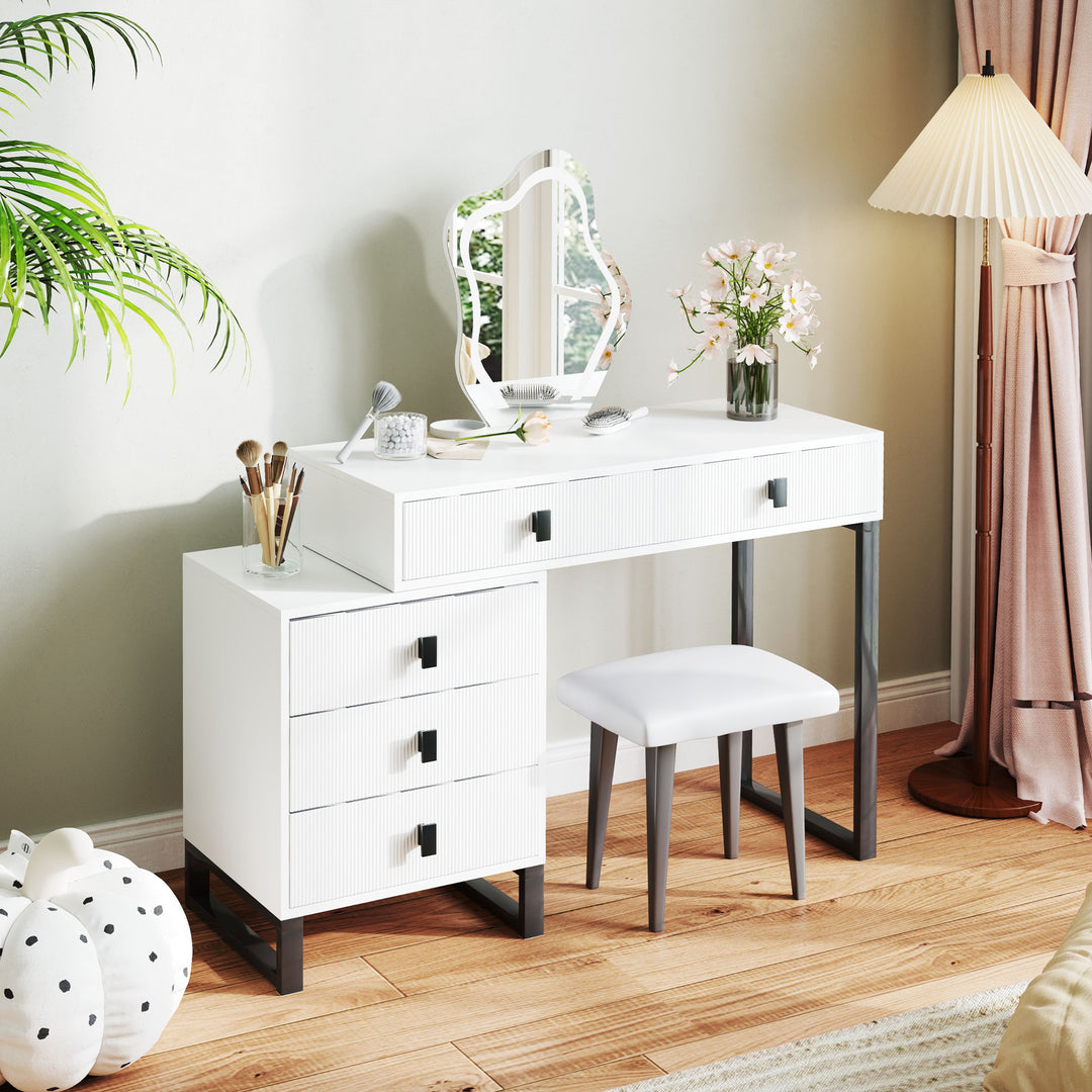 LED Lighted Dressing Table with Leaf Shape Mirror, Modern Vanity Desk with 5 Drawers, Makeup Desk with Fluted Panels, White