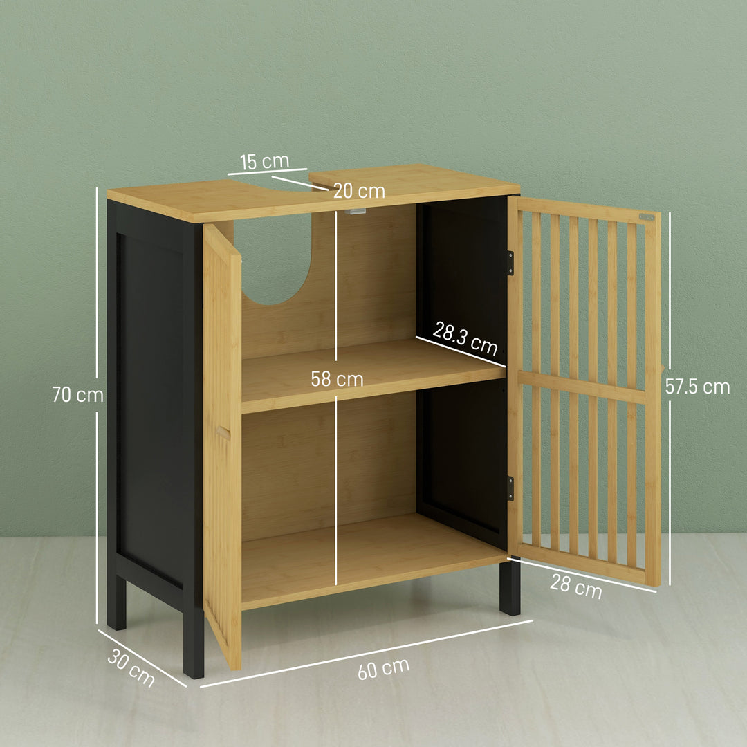 HOMCOM Under Sink Bathroom Cabinet, Bamboo Sink Storage Cabinet, Bathroom Vanity Unit w/ 2 Slat Doors, Adjustable Shelf & U-Shape Slot | Aosom UK