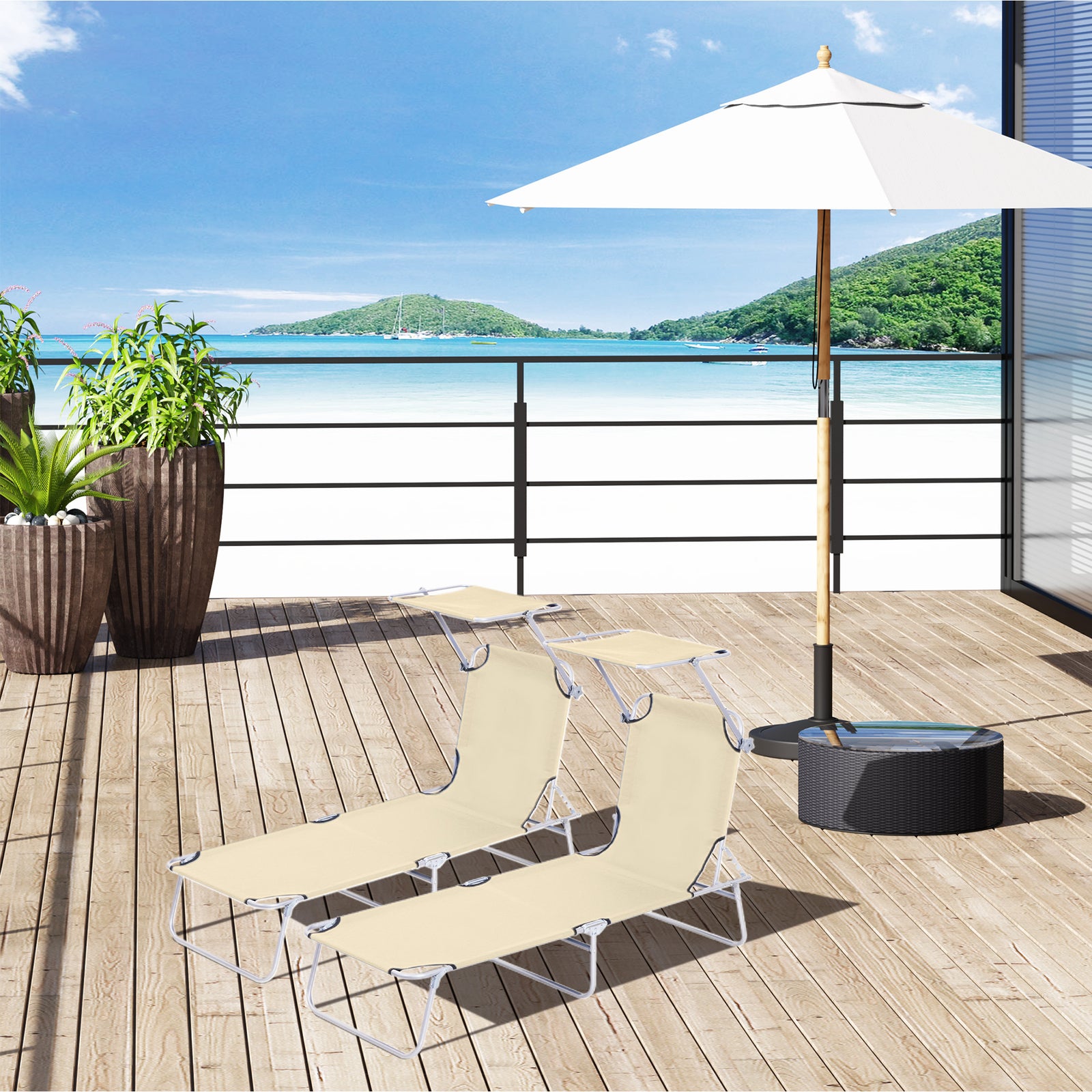 2 Pieces Outdoor Foldable Sun Lounger, 4 Level Adjustable Backrest Reclining Sun Lounger Chair with Angle Adjust Sun Shade Awning for Beach, Garden, Patio, Beige