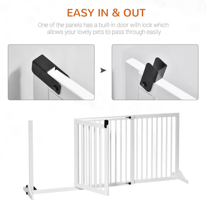 PawHut Adjustable Wooden Pet Gate Freestanding Dog Barrier Fence Doorway 3 Panels Safety Gate w/ Lockable Door White 71H x 113-166W cm | Aosom UK