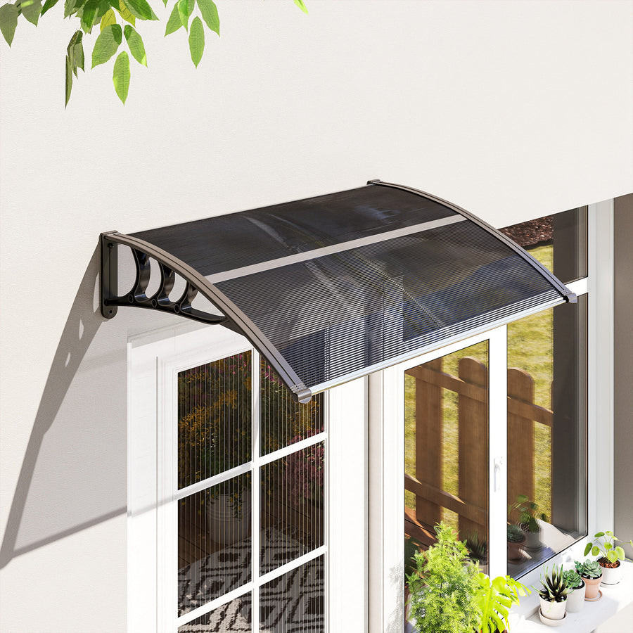 Front Door Canopy Outdoor Awning Aluminium Rigid Plastic Polycarbonate Rain Shelter UV Water Rain Resistant 100 x 75cm Black