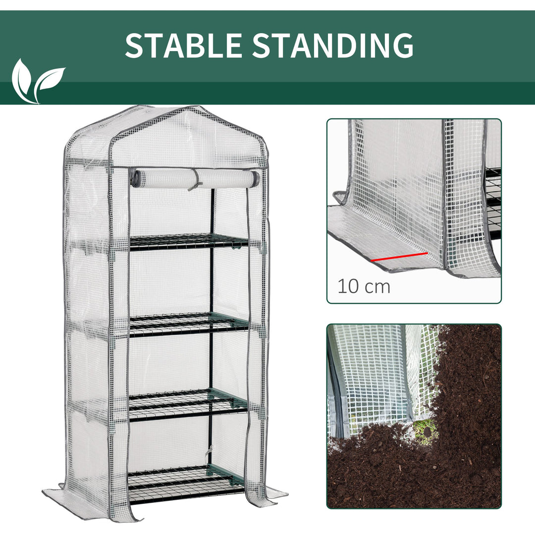 Outsunny Portable Mini Greenhouse, 4 Tier, Metal Frame with PE Cover, Plant Grow Shed, 160H x 70L x 50W cm, White.