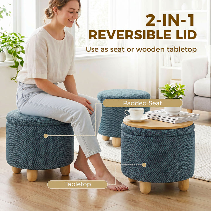 Storage Sitting Bench with Lid, Round Storage Ottoman with Rubberwood 