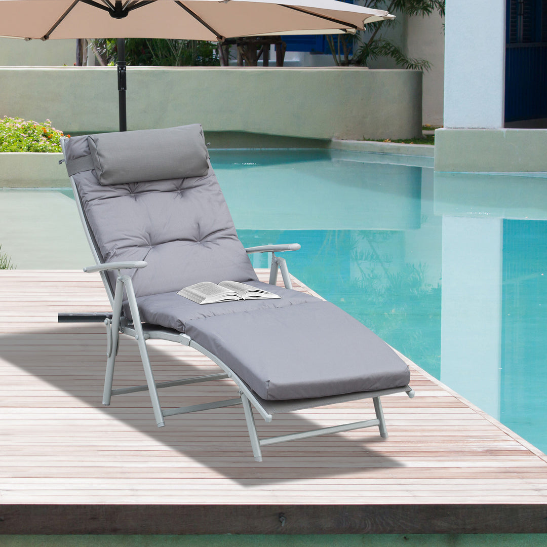 Steel Frame Outdoor Garden Padded Sun Lounger w/ Pillow Grey
