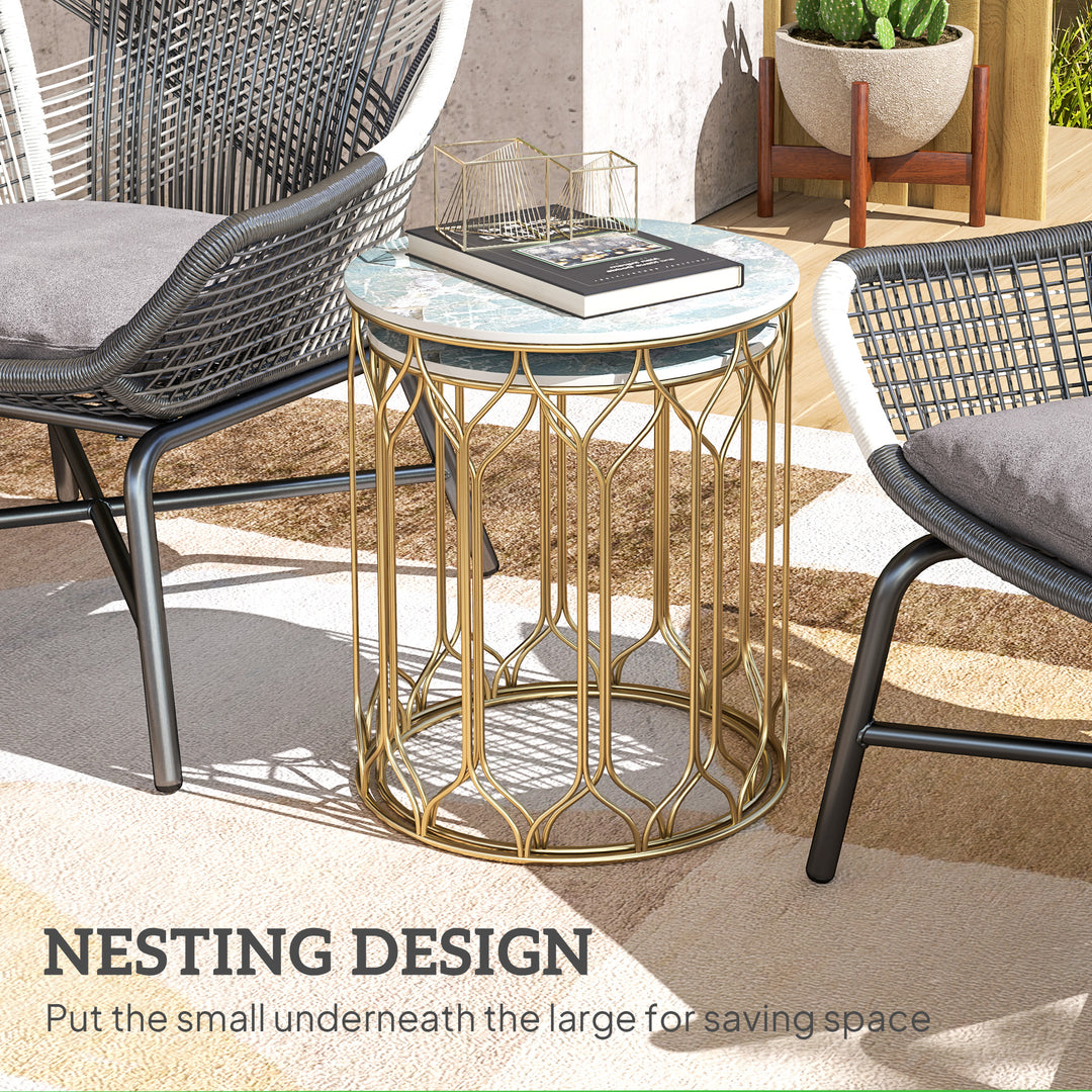 Round Coffee Table Set of 2, Modern Nesting Tables with Ceramic Tile Top, Small End Tables, Indoor Outdoor Side Table with Metal Frame for Living Room, Bedroom, Patio, Balcony, Multicoloured