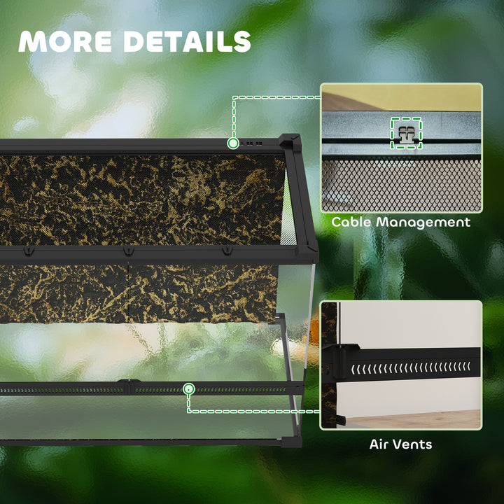 Reptile Glass Terrarium with Stone Background, Front Ventilation, Escape-Proof Knob Lock, 50 x 30 x 35 cm, Black