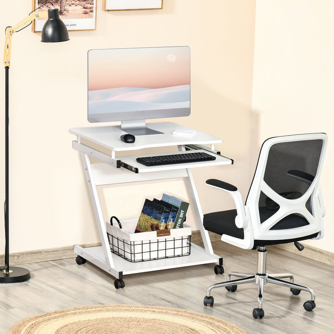 MCL Movable Computer Desk with 4 Moving Wheels Sliding Keyboard Tray Home Office Workstation White