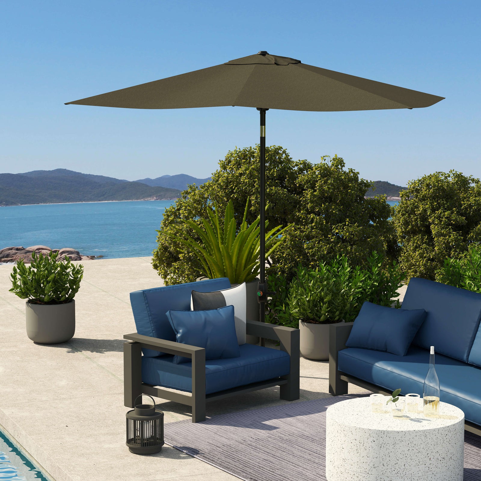 2 x 3(m) Garden Parasol Umbrella, Rectangular Outdoor Market Umbrella Sun Shade with Crank & Push Button Tilt, 6 Ribs, Aluminium Pole, Dark Grey