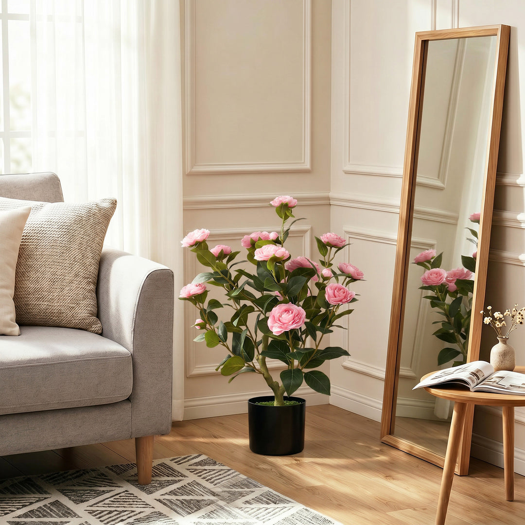 65cm Artificial Camellia Flower Plant in Pot with 116 Lush Leaves &amp; Mo