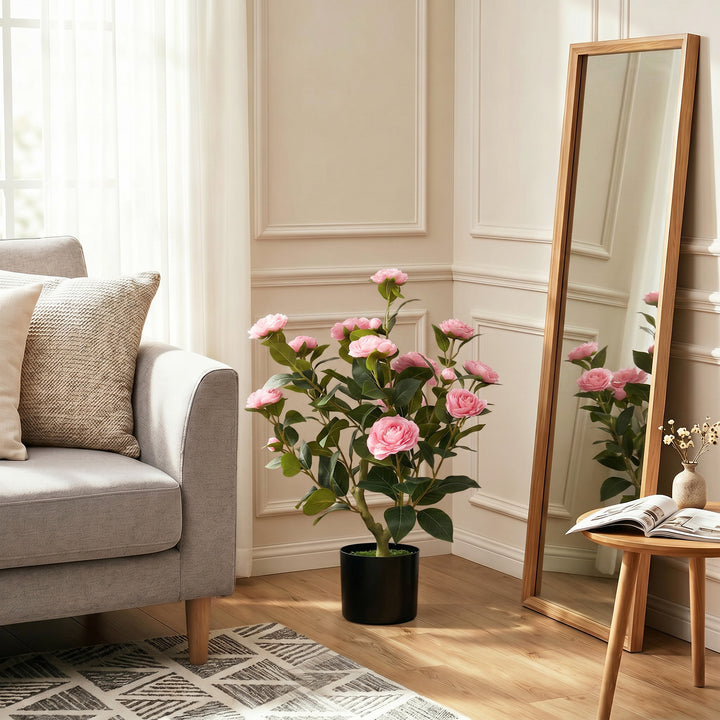 65cm Artificial Camellia Flower Plant in Pot with 116 Lush Leaves &amp; Mo
