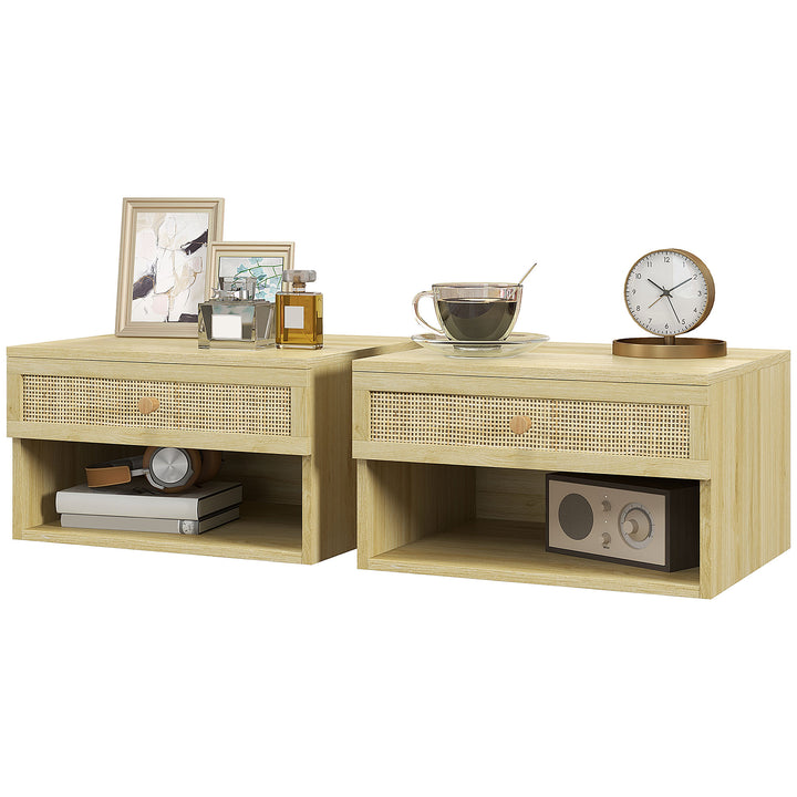 HOMCOM Set of Two Rattan Panel Floating Bedside Tables - Wood-Effect | Aosom UK