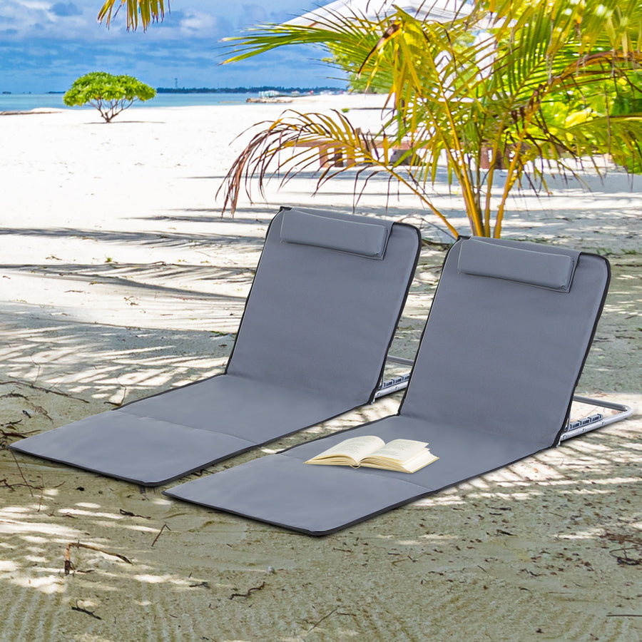 Set of 2 Foldable Garden Beach Chair Mat Lightweight Outdoor Sun Lounger Seats Adjustable Back Metal Frame PE Fabric Head Pillow w/ Carry Bag,Grey