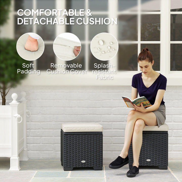 Set of 2 Rattan Storage Ottoman, Outdoor Footstool with Removable Cushions, Garden Storage Seat for Balcony, Porch, Living Room, Cream