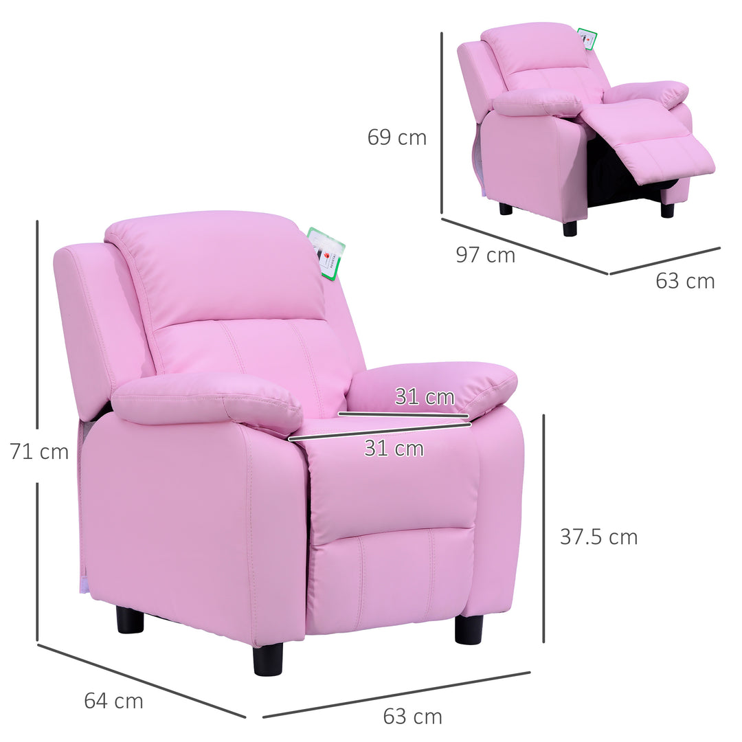 HOMCOM Kids Children Recliner Lounger Armchair Games Chair Sofa Seat PU Leather Look w/ Storage Space on Arms (Pink) | Aosom UK