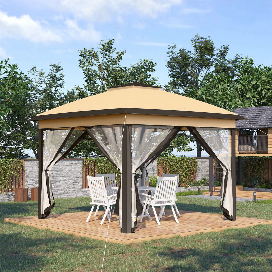 Outsunny Pop-Up Gazebo: 11' x 11' Double-Roof Shelter with Mesh Sidewalls, Adjustable Height & Carry Bag, Beige