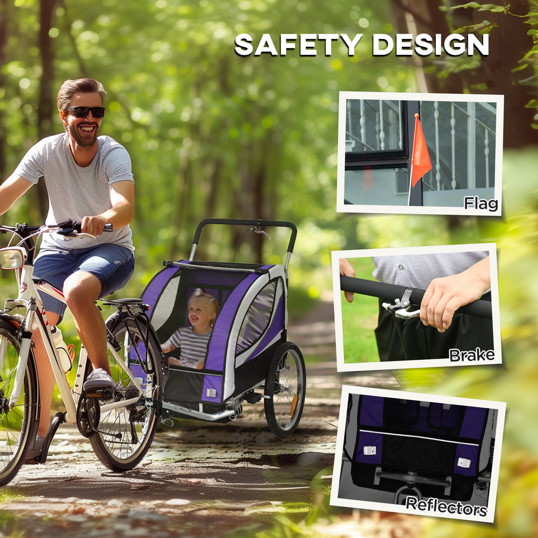 Baby Bike Trailer with 5 Point Harness, Steel Frame, Reflectors, Safety Flag, Hitch Coupler, Purple