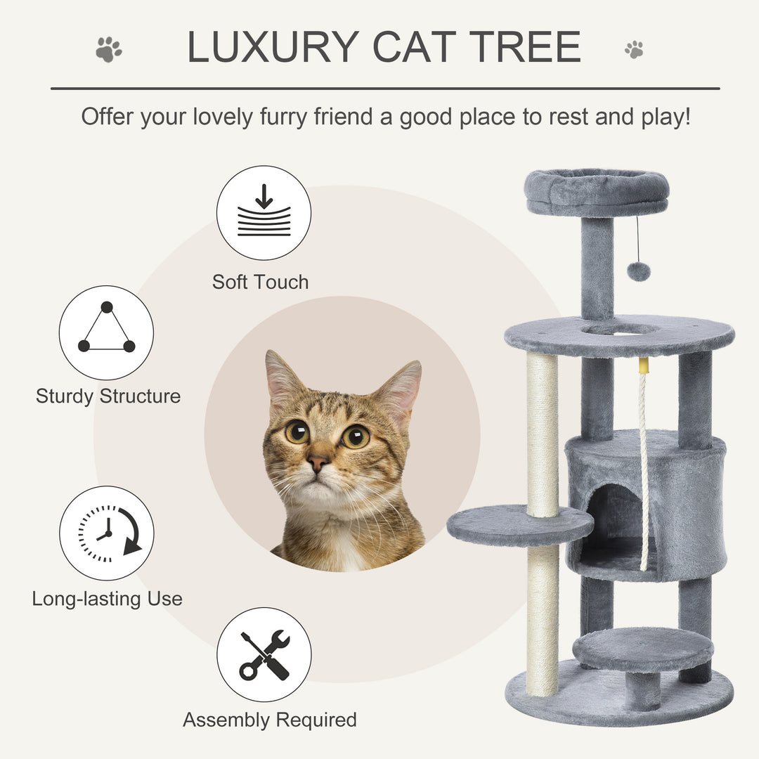 PawHut Cat Tree Tower, 112cm, with Jute Scratching Post, Perch, Hanging Ball, Teasing Rope for Climbing Kittens, Dark Grey | Aosom UK