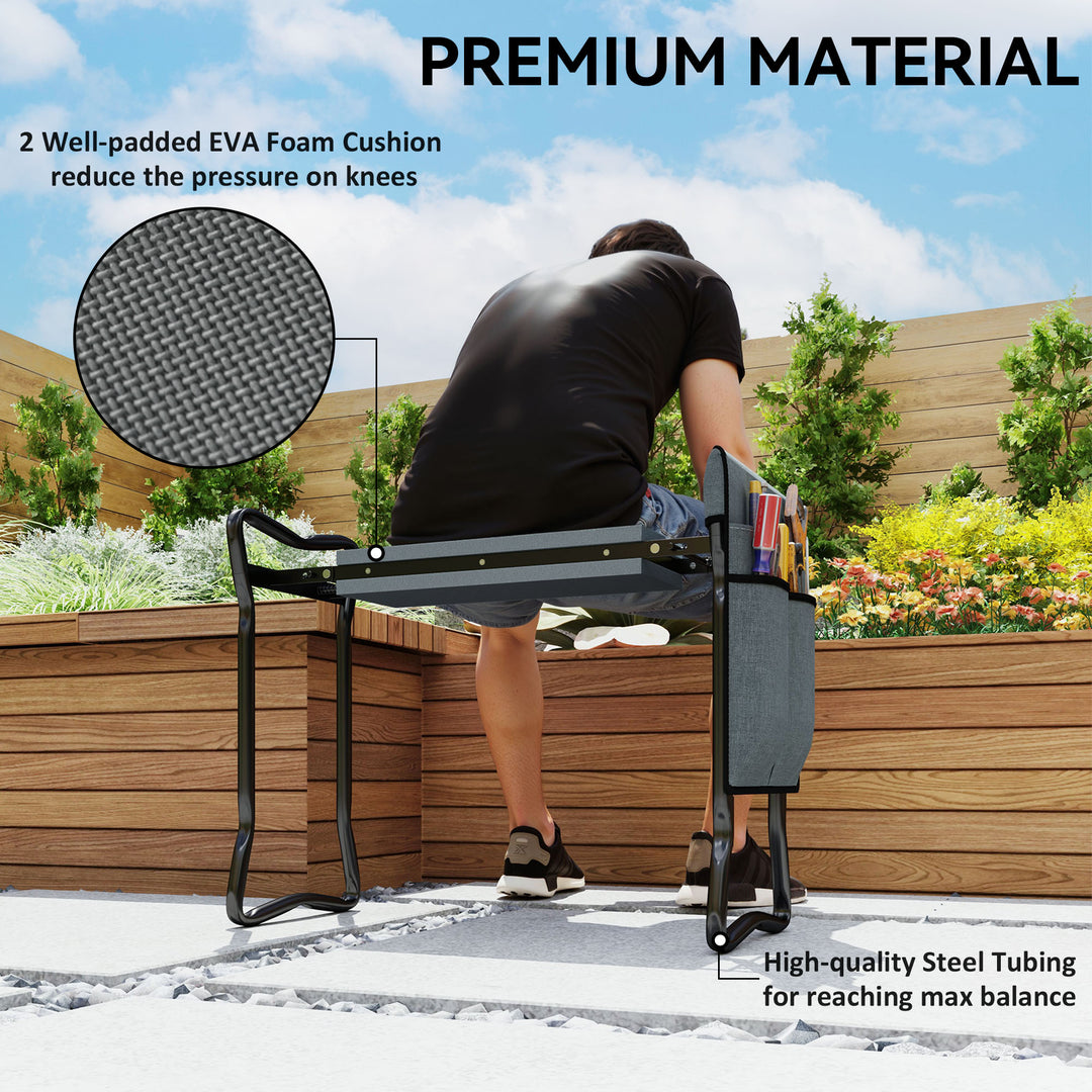 Steel Frame Padded Garden Kneeler, with Tool Bag - Grey
