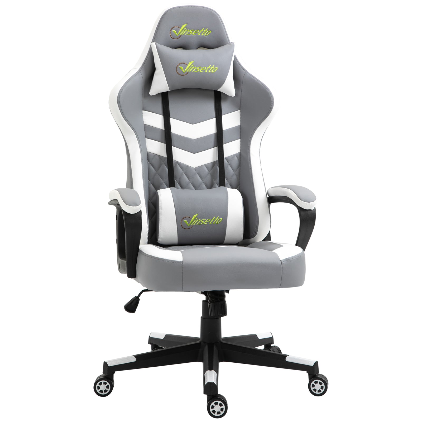 Gaming Chair, Computer Desk Chair with Lumbar Support, Faux Leather Racing Chair with Headrest and Swivel Wheels for Home Office, Grey White
