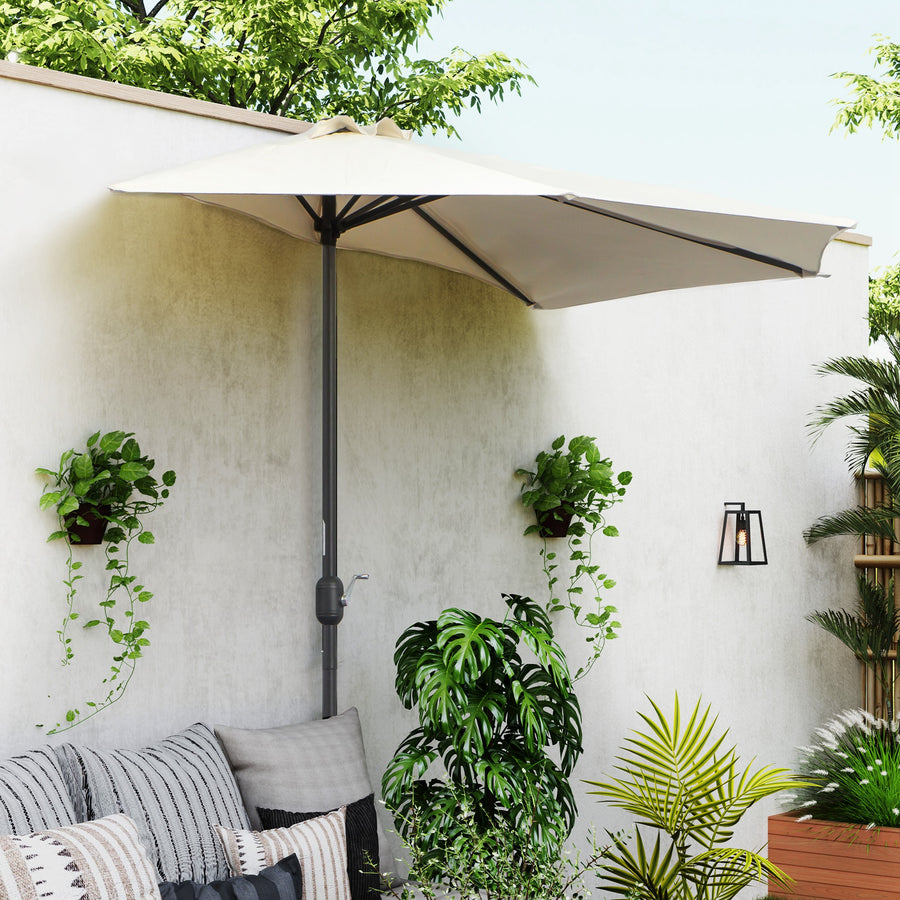 3(m) Half Parasol, Semi Round Umbrella with Metal Frame, Crank Handle for Balcony, Garden, Cream White