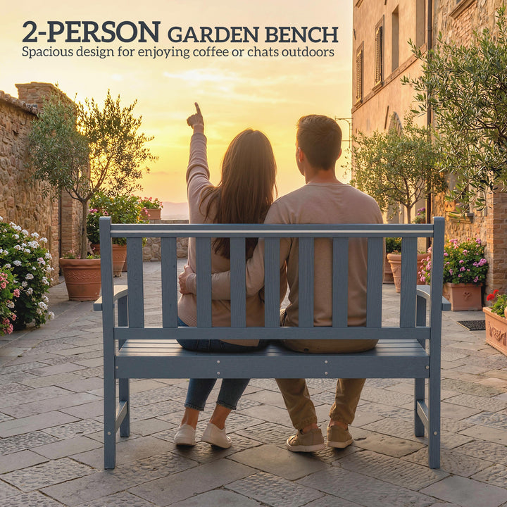 2 Seater Plastic Garden Bench, Outdoor Patio Bench with Armrest and Ba