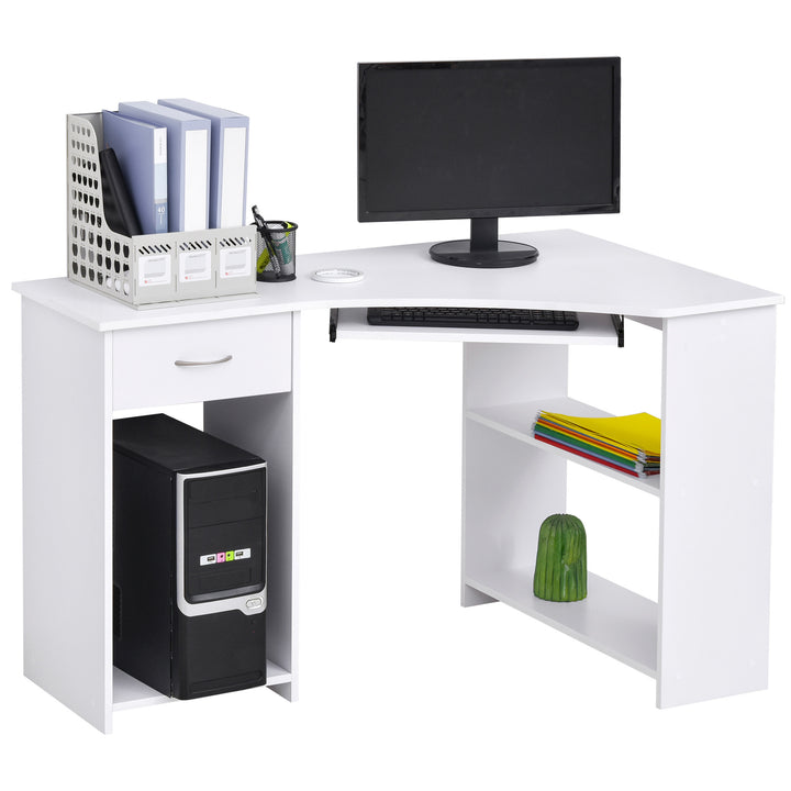 HOMCOM L-Shaped Desk: Shelves, Keyboard Tray, Drawer & CPU Stand for Home Office or Study, Pristine White | Aosom UK