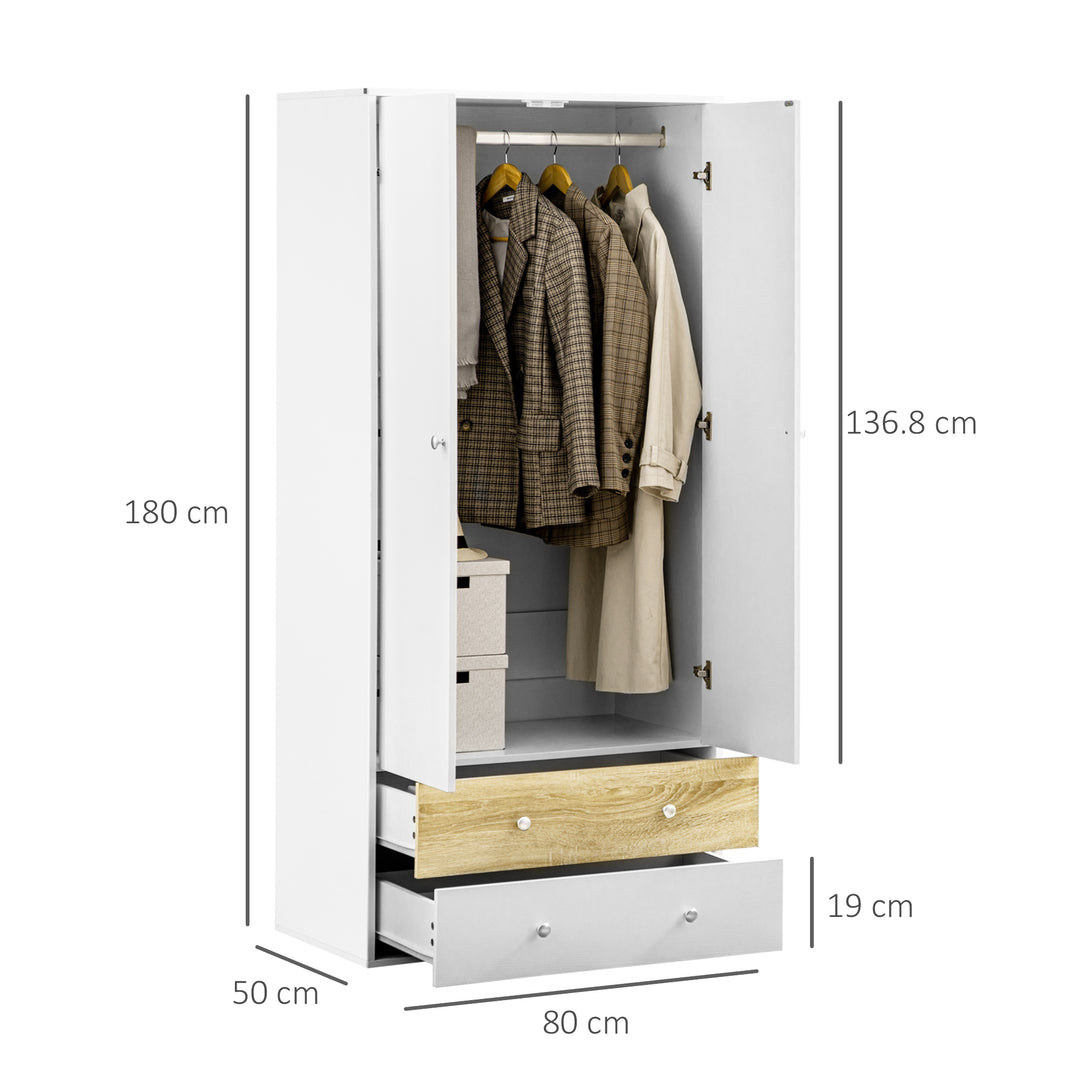 2-Door Wardrobe with 2 Drawers, Hanging Rod and Anti-tipping Straps for Bedroom Clothes Storage Organisation, White