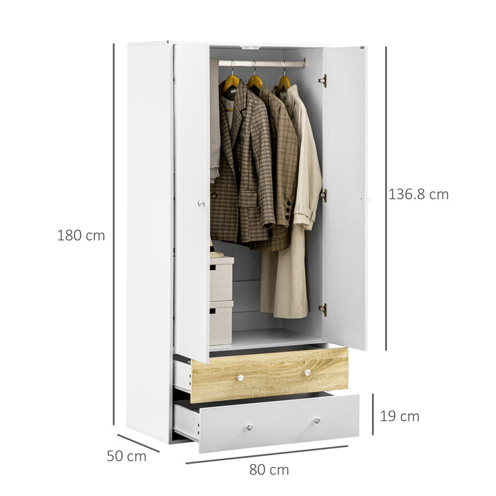 2-Door Wardrobe with 2 Drawers, Hanging Rod and Anti-tipping Straps for Bedroom Clothes Storage Organisation, White