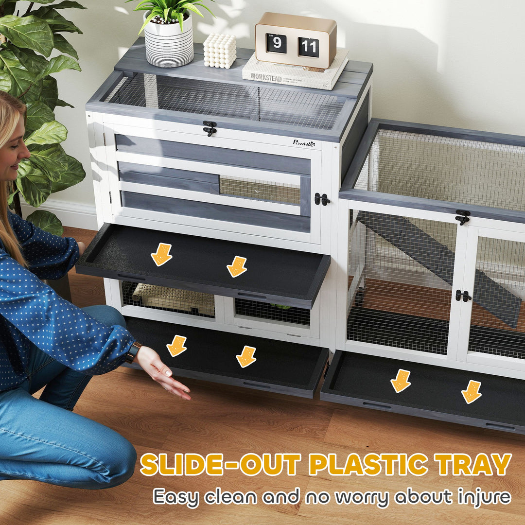 Wooden Rabbit Hutch with Run, 2-Tier Guinea Pig Hutch with Run, Wheels, 3 Plastic Trays, 2 Openable Top, for 2-3 Rabbits