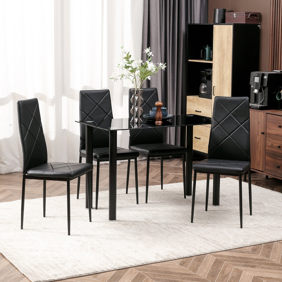 HOMCOM Dining Table and Chairs Set, 4 Seater Modern Dining Set with Glass Tabletop Foam Pads, and Steel Frame, Black | Aosom UK