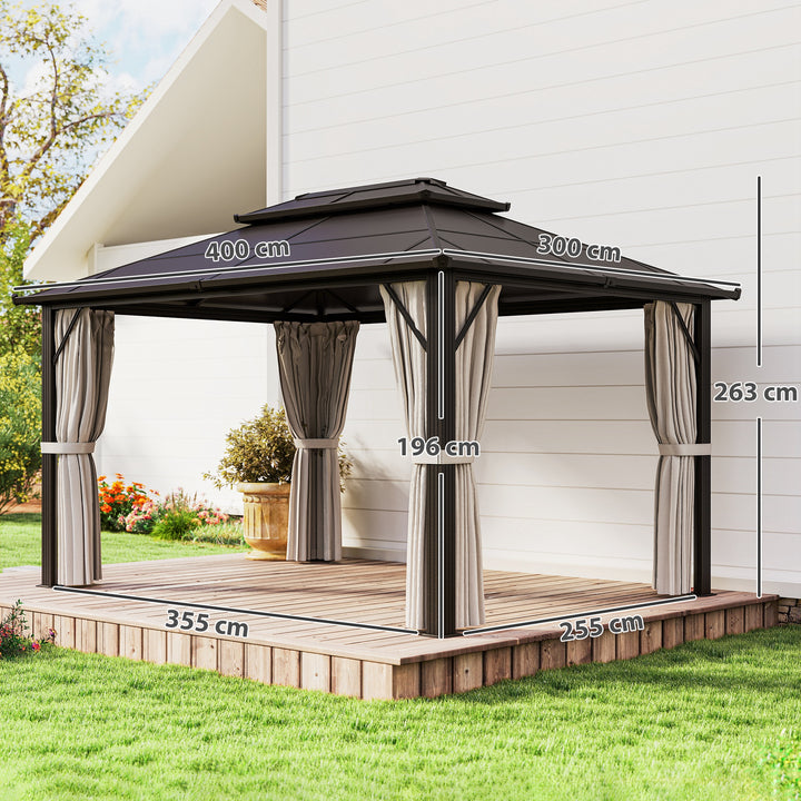 3 x 4m Hardtop Gazebo Canopy with UPF30+ Double Polycarbonate Roof, Aluminium Frame Garden Gazebo Permanent Pavilion with Mosquito Netting and Curtains for Patio, Deck, Beige