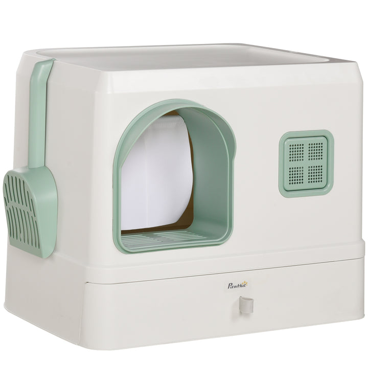 PawHut Hooded Cat Litter Box: Drawer Pan, Scoop & Deodorants, Front Entry, 50 x 40 x 40 cm, White | Aosom UK