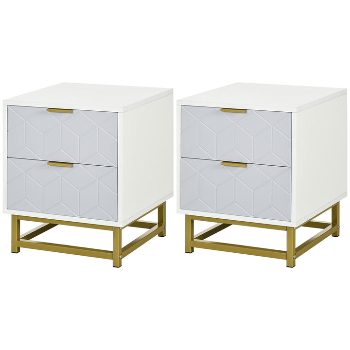 HOMCOM Bedside Table with 2 Drawers, Side Table, Bedside Cabinet with Steel Frame for Living Room, Bedroom, Set of 2, Grey and White | Aosom UK