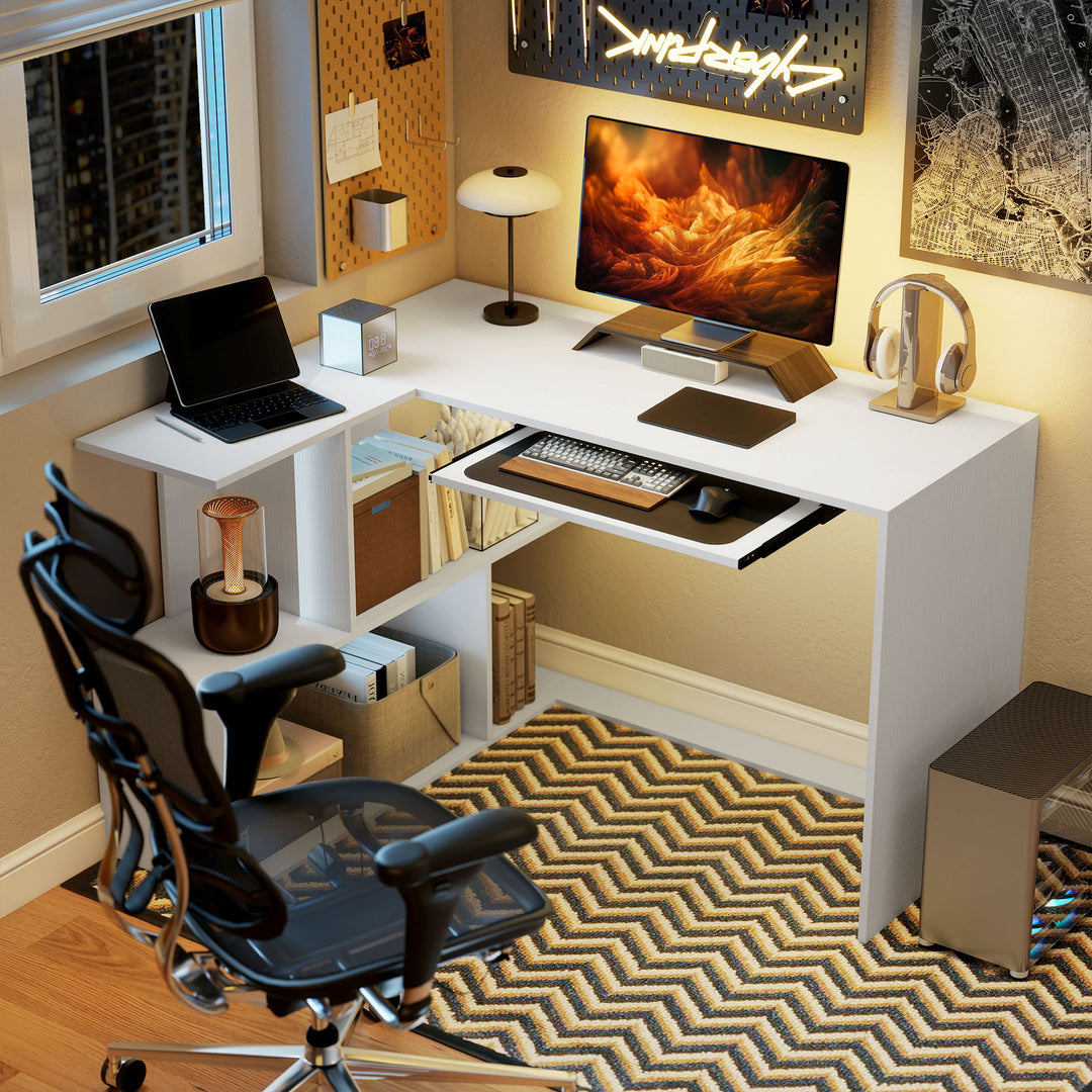 L-Shaped Corner Desk, Computer Desk with Keyboard Tray and Open Shelve