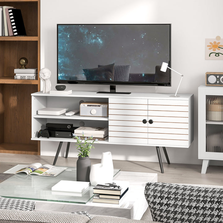 TV Stand with Cupboard, Open Shelves, Striped Doors, Wooden legs, White