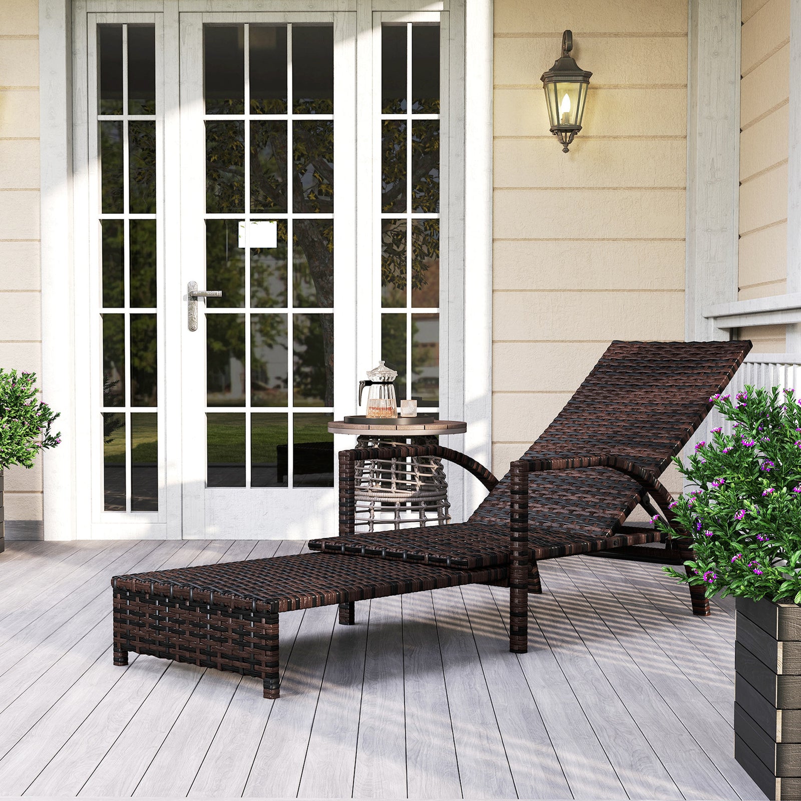 Reclining Rattan Lounger, with Extending Footrest - Brown