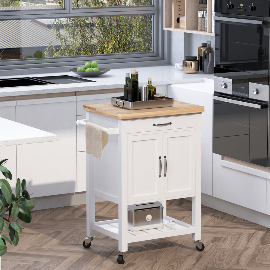 Kitchen Storage Trolley Cart Rolling Wheels Shelves Cupboard W/ Drawer And Towel Rail Rubber Wood Worktop White