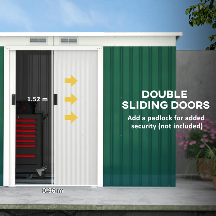 9ft x 4ft Metal Garden Shed, Outdoor Tool House with Foundation Kit, Ventilations and Double Doors, Deep Green