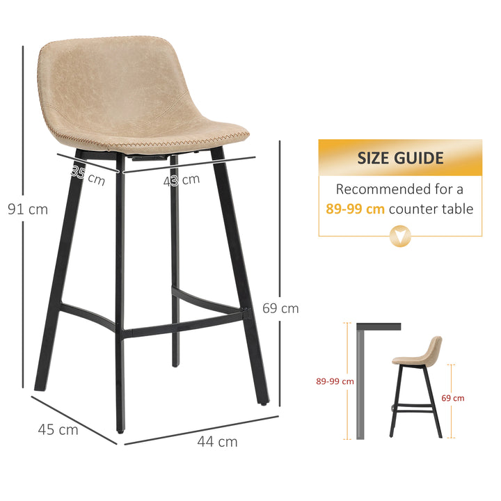 MCL Bar Stools Set of 2, PU Leather Dining Stools with Backrest, Footrest, for Kitchen, Counter, Breakfast Bar, Light Brown