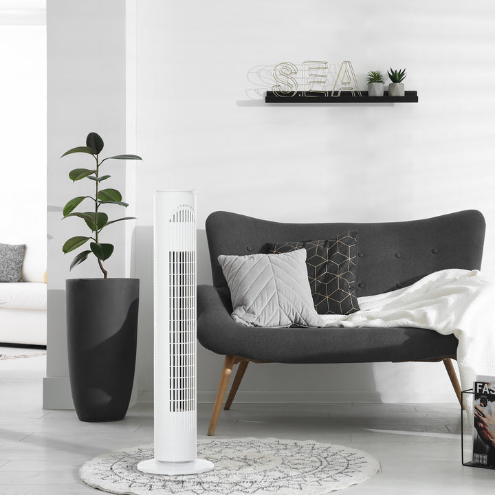 HOMCOM Tower of Cooling: Freestanding Fan with 3 Speeds, Modes & Timer, 70° Oscillation, LED Illumination & Remote, Pristine White | Aosom UK