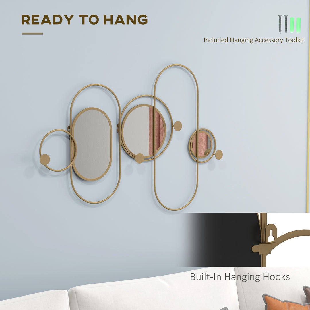 HOMCOM Decorative Metal Wall Mirror with Coat Hooks, Modern Art for Living Room Bedroom, Gold Tone | Aosom UK