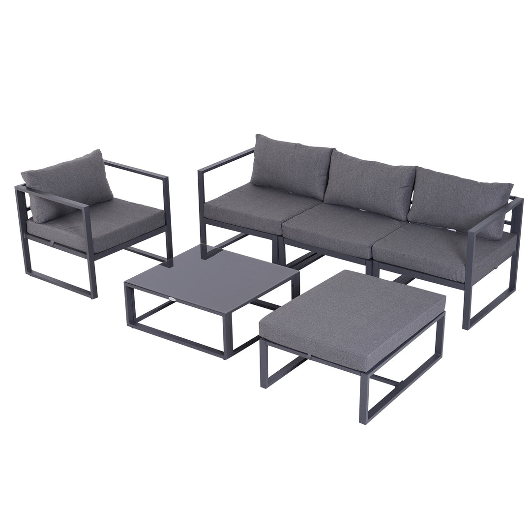 MCL 6 PCs Outdoor Indoor Sectional Sofa Set Thick Padded Cushions Aluminium Frame 5 Seaters 1 Coffee Table Footrest Grey