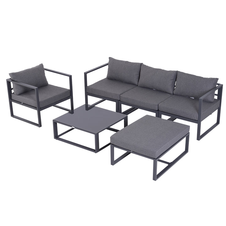 MCL 6 PCs Outdoor Indoor Sectional Sofa Set Thick Padded Cushions Aluminium Frame 5 Seaters 1 Coffee Table Footrest Grey