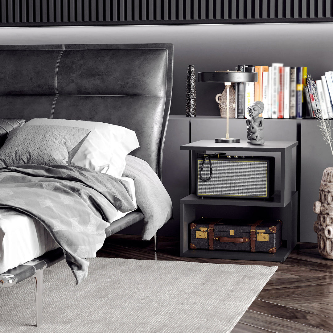 Side Table Square Coffee Table Modern End Table with 2 Tier Storage Shelves for Living Room, Bedroom, Black