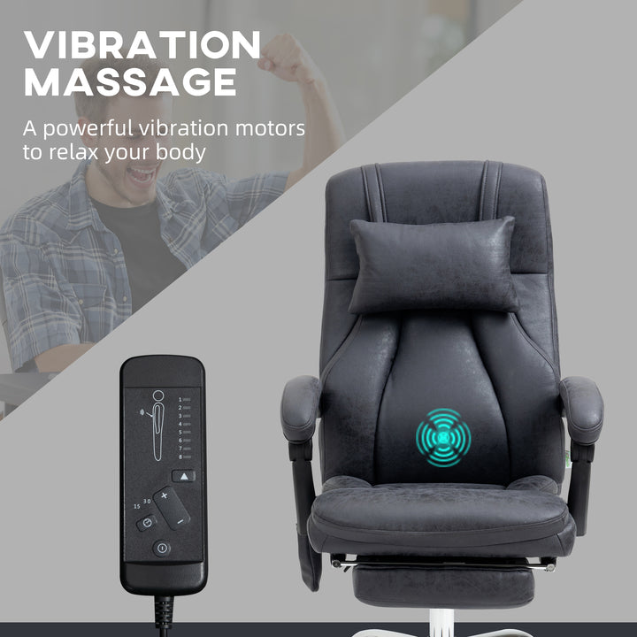 Office Chair with Lumbar Massage, 135° Reclining Computer Chair with Adjustable Headrest, Retractable Footrest, 10cm Double Padded Seat, Microfiber Fabric, Metal Base, Dark Grey