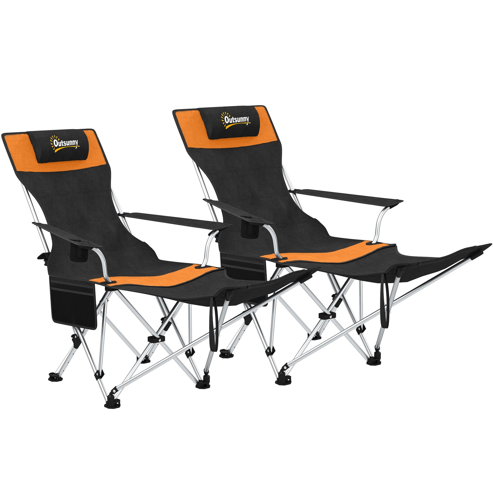 Set of 2 Reclining Folding Camping Chair w/ Detachable Footrest, Storage Bag, Cup Holder & Headrest, Lightweight Portable Camp Chair for Beach, Picnic, Orange and Black
